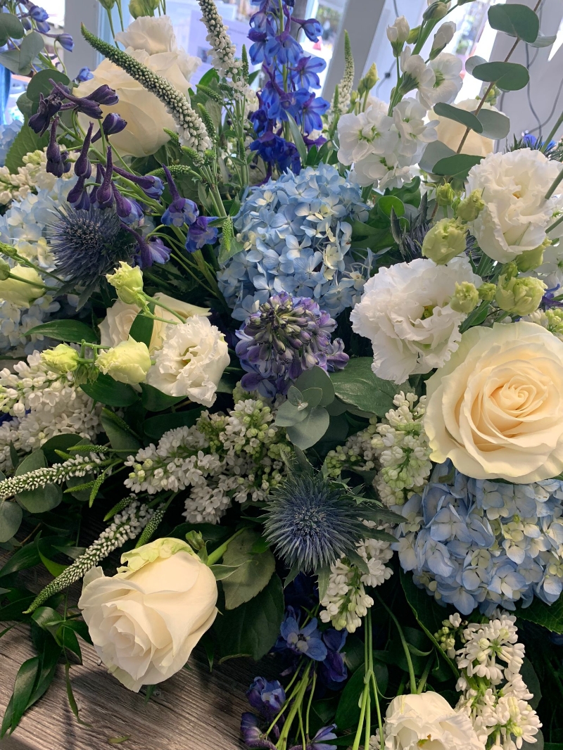 Blue and White Hydrangea and Delphinium spray