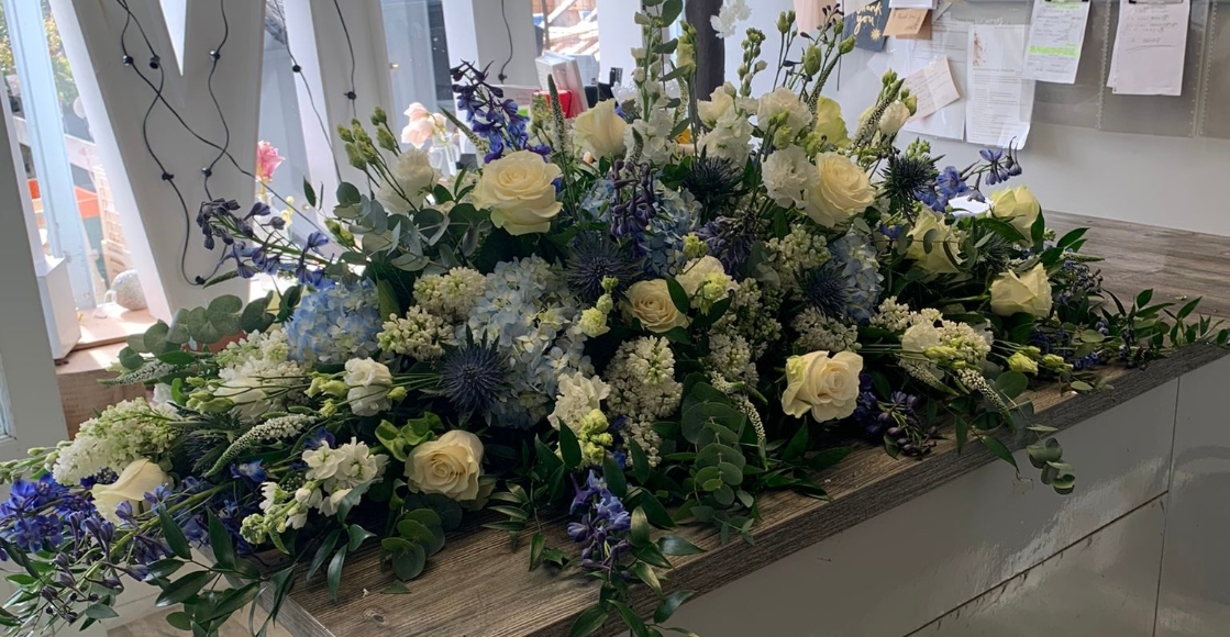 Blue and White Hydrangea and Delphinium spray